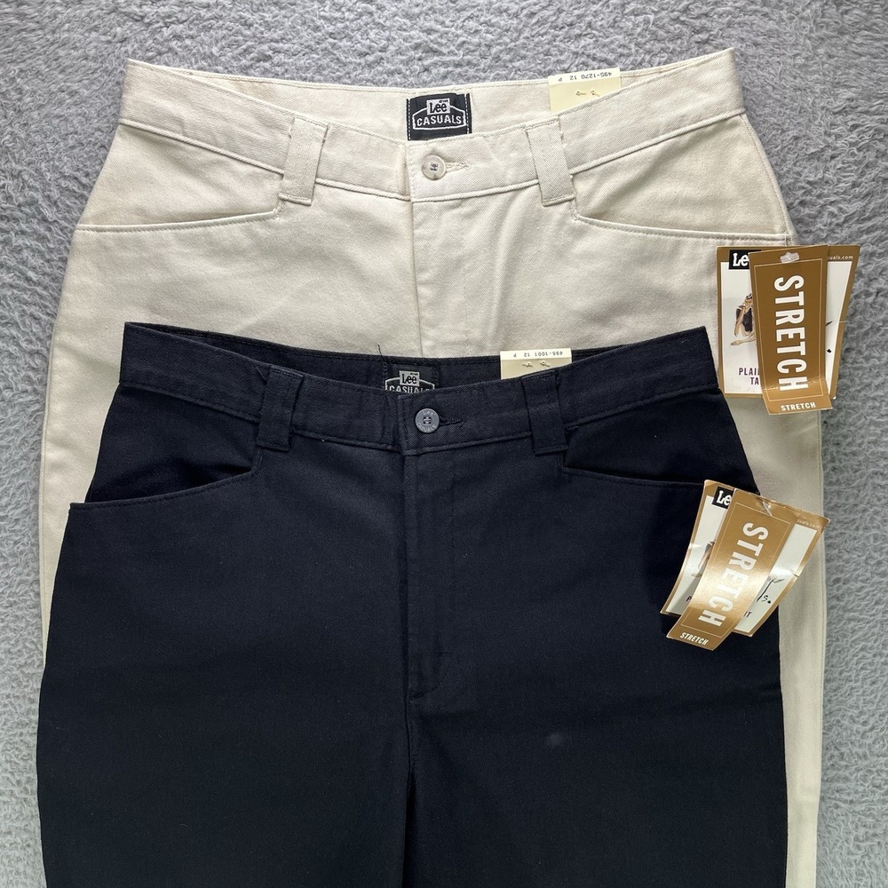 Vintage Lee Casuals Pants Womens 12 Petite Tan Black Stretch Tapered Lot 2 NWT